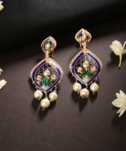 Neelpatra_Blue_&amp;_Green_Meenakari_Kundan_Pearl_Drop_Earrings_WeaverStory_01