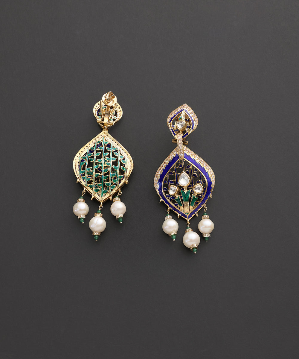 Neelpatra_Blue_&amp;_Green_Meenakari_Kundan_Pearl_Drop_Earrings_WeaverStory_03