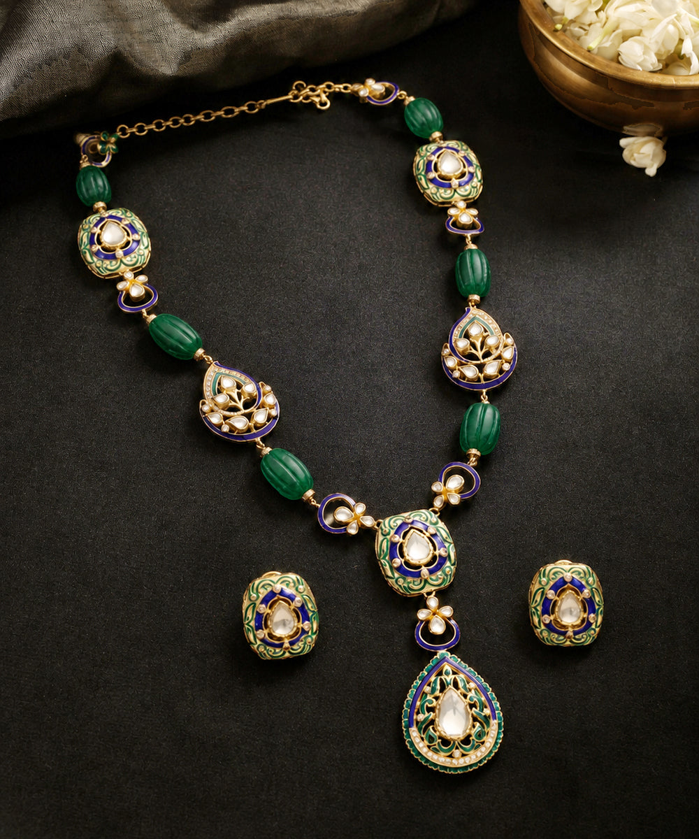 Neel_Pankh_Kundan_Necklace_Set_with_Green_Beads_&amp;_Blue_Meenakari_WeaverStory_01