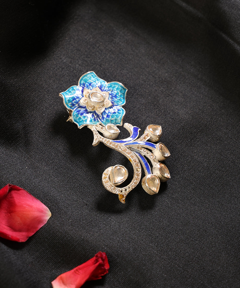Neel_Gul_Gold_Plated_Pure_Silver_Floral_Meenakari_Brooch_WeaverStory_01