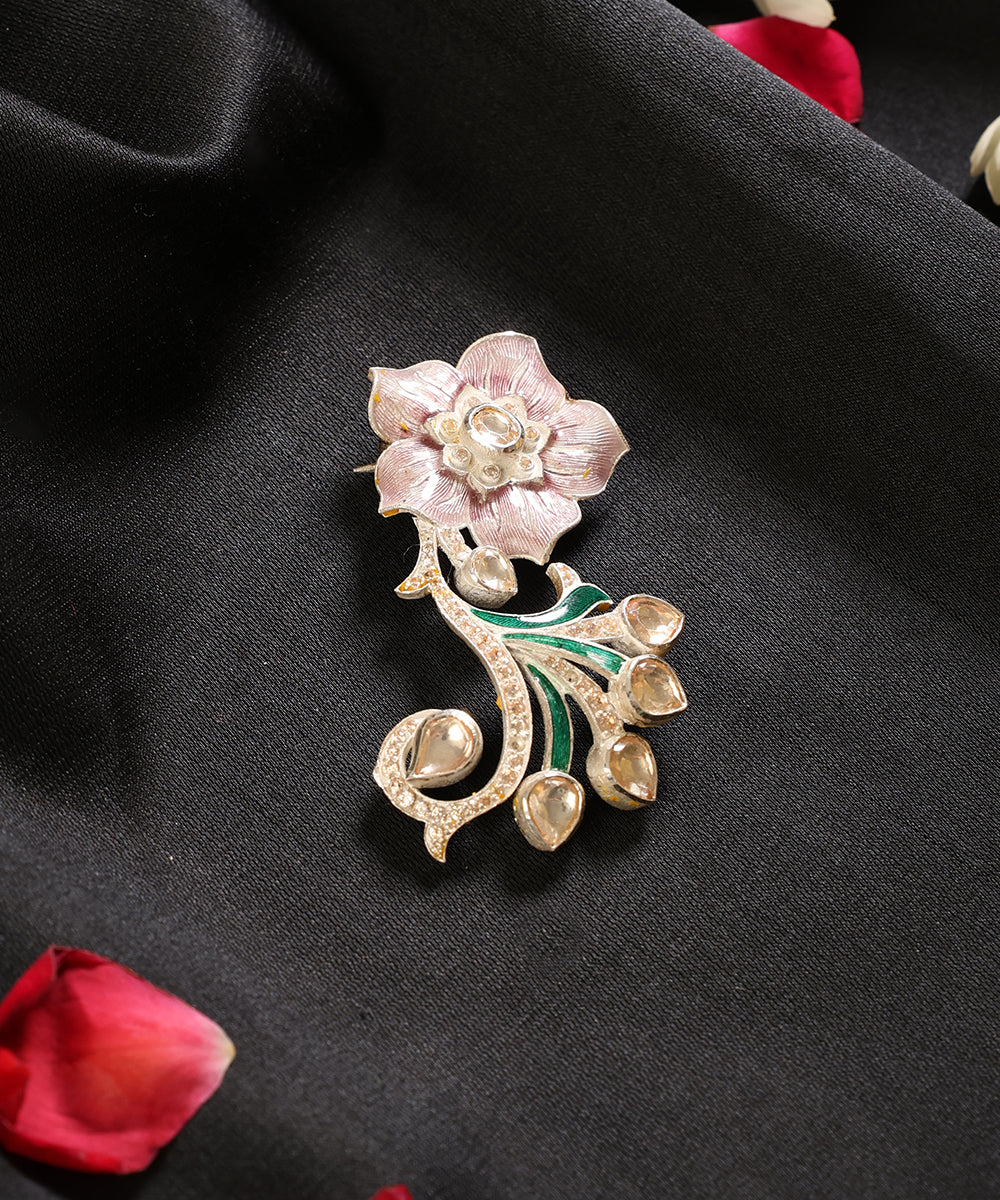 Gulabi_Saba_Gold_Plated_Pure_Silver_Floral_Meenakari_Brooch_WeaverStory_01
