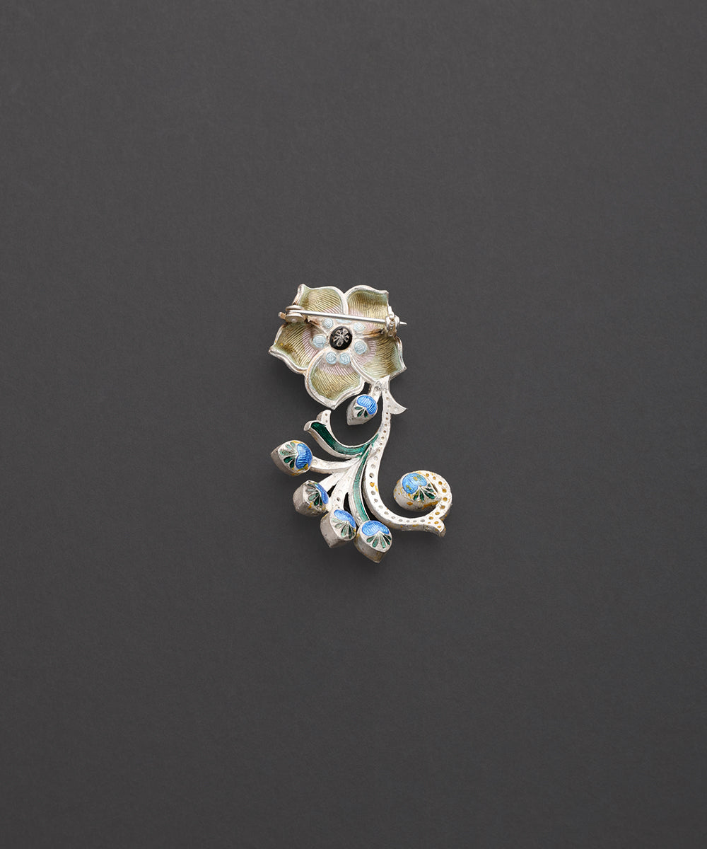 Gulabi_Saba_Gold_Plated_Pure_Silver_Floral_Meenakari_Brooch_WeaverStory_02