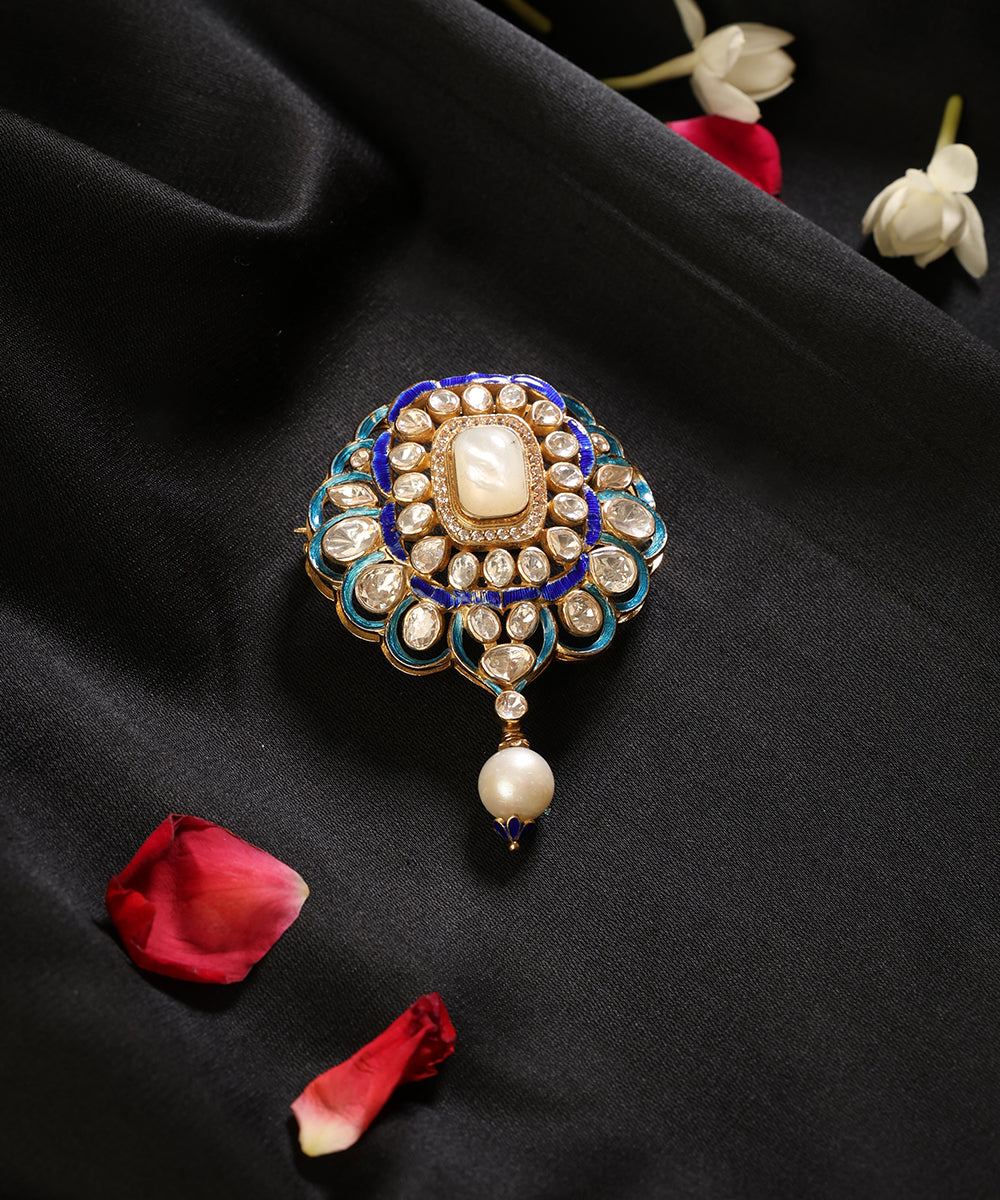 Neel_Kamal_Kundan_Brooch_with_Blue_Meenakari_&amp;_Pearl_Drop_WeaverStory_01