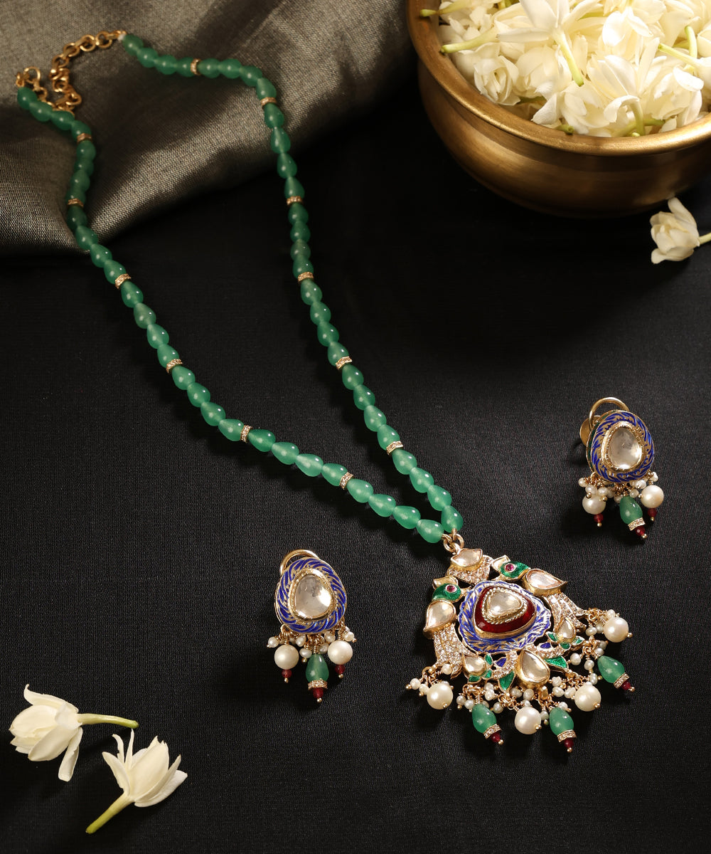 Mayurika_Green_Beaded_Kundan_Pendant_Set_with_Meenakari_WeaverStory_01