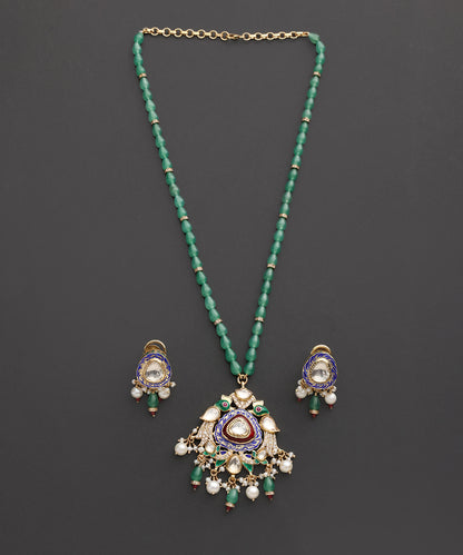 Mayurika_Green_Beaded_Kundan_Pendant_Set_with_Meenakari_WeaverStory_02