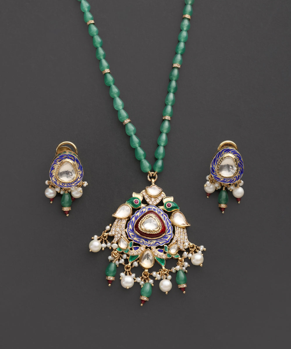 Mayurika_Green_Beaded_Kundan_Pendant_Set_with_Meenakari_WeaverStory_03