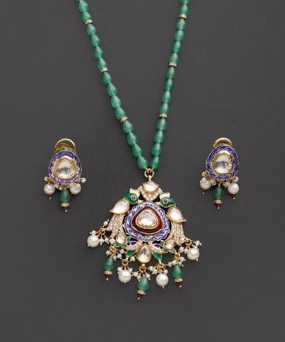 Mayurika_Green_Beaded_Kundan_Pendant_Set_with_Meenakari_WeaverStory_03