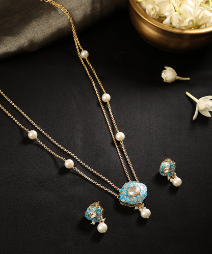 Tarangini_Turquoise_Meenakari_Pearl_Pendant_Set_WeaverStory_01