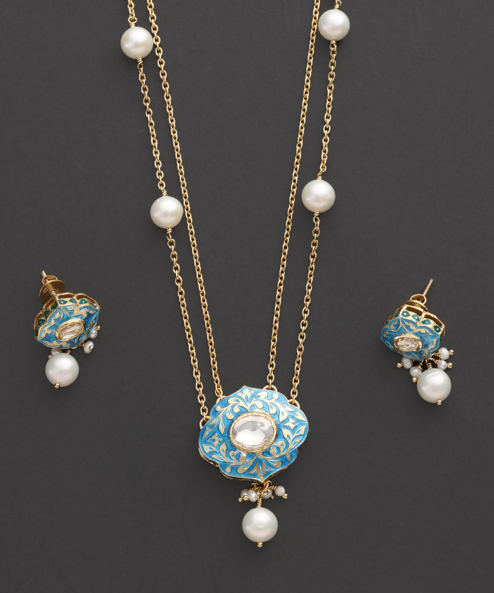 Tarangini_Turquoise_Meenakari_Pearl_Pendant_Set_WeaverStory_03