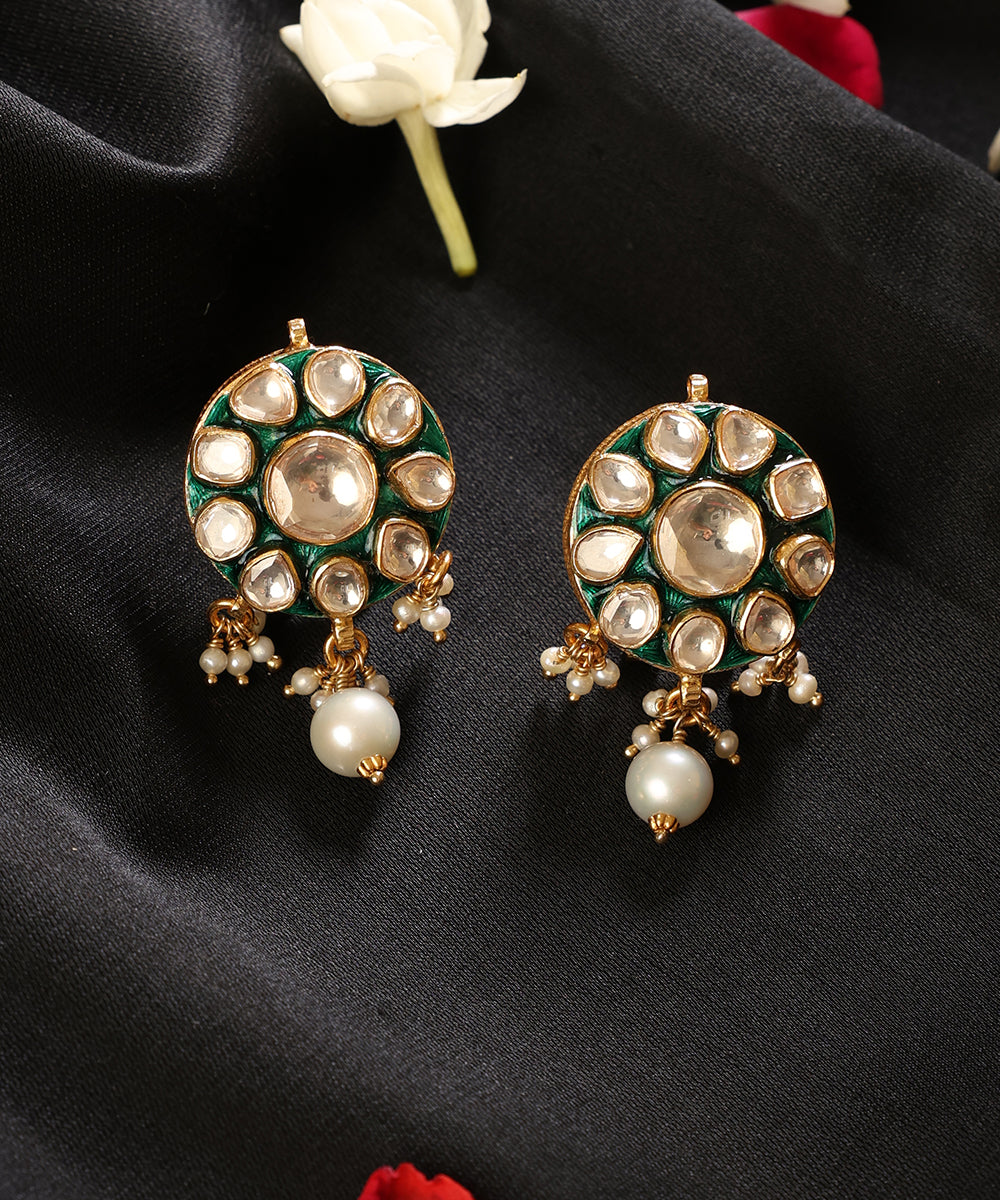 Harimandala_Green_Meenakari_Kundan_Pearl_Stud_Earrings_WeaverStory_01