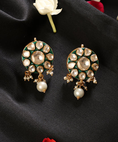 Harimandala_Green_Meenakari_Kundan_Pearl_Stud_Earrings_WeaverStory_01