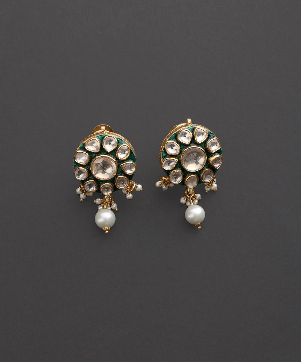 Harimandala_Green_Meenakari_Kundan_Pearl_Stud_Earrings_WeaverStory_02