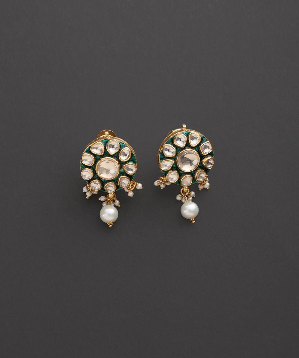 Harimandala_Green_Meenakari_Kundan_Pearl_Stud_Earrings_WeaverStory_03