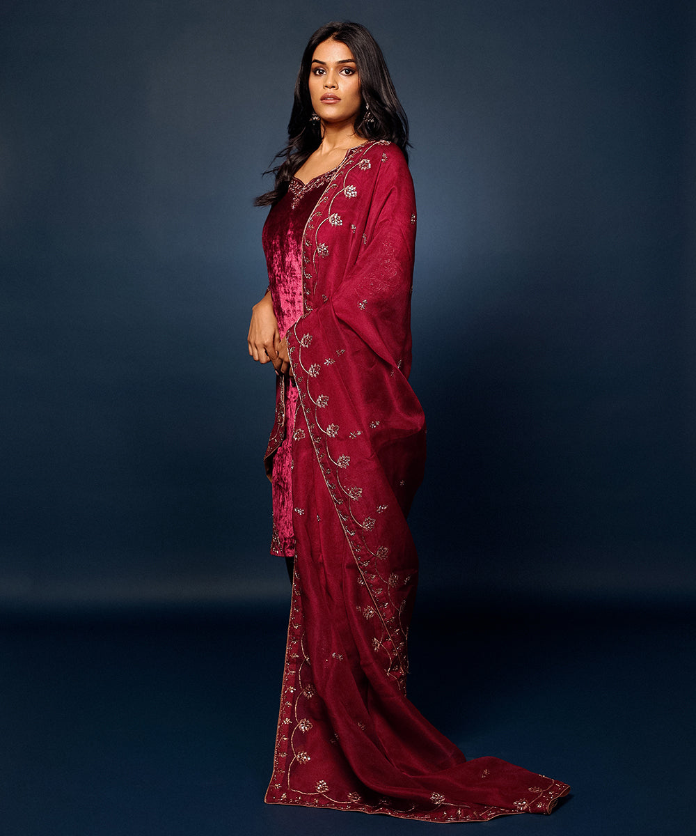 Anjali Sharma In Maroon Pure Velvet Hand Embroidered Zardozi Kurta Set