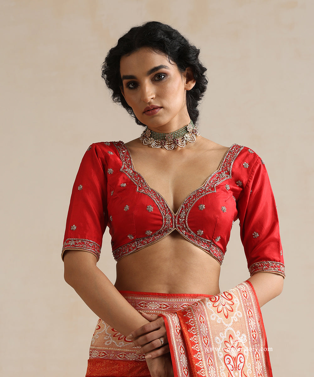 Red_Raw_Silk_Blouse_In_Illusion_Jacket_Style,_Hand_Embroidered_Zardozi_Work_WeaverStory_02