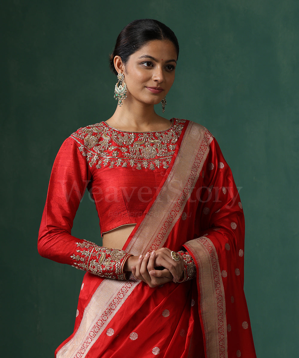 Red_Raw_Silk_Blouse_With_Hand_Embroidered_Zardozi_Work_WeaverStory_01