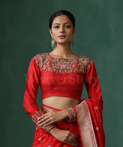 Red_Raw_Silk_Blouse_With_Hand_Embroidered_Zardozi_Work_WeaverStory_02