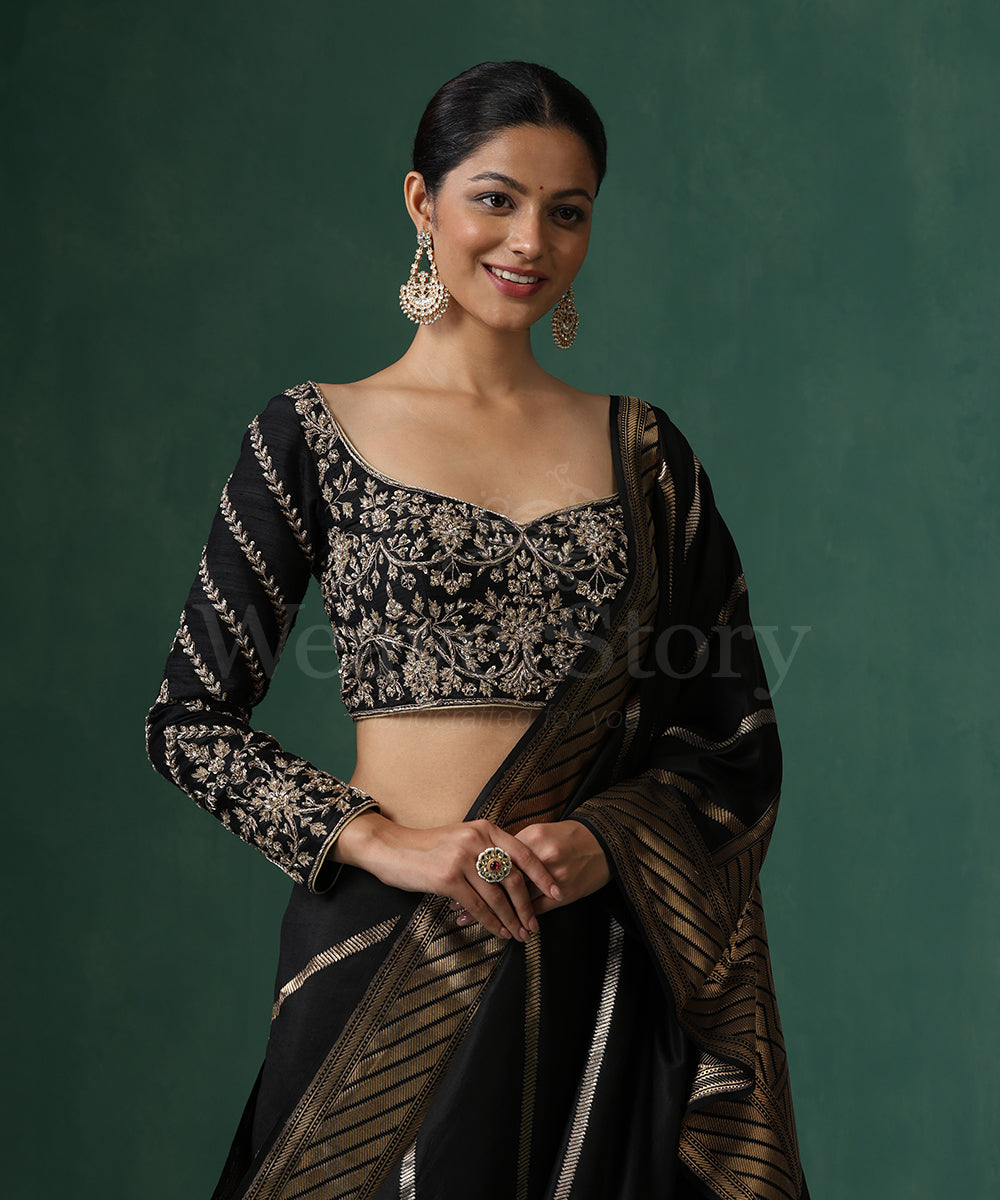 Black_Raw_Silk_Blouse_With_Hand_Embroidered_Zardozi_WeaverStory_01