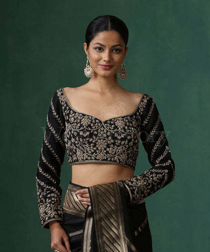 Black_Raw_Silk_Blouse_With_Hand_Embroidered_Zardozi_WeaverStory_02