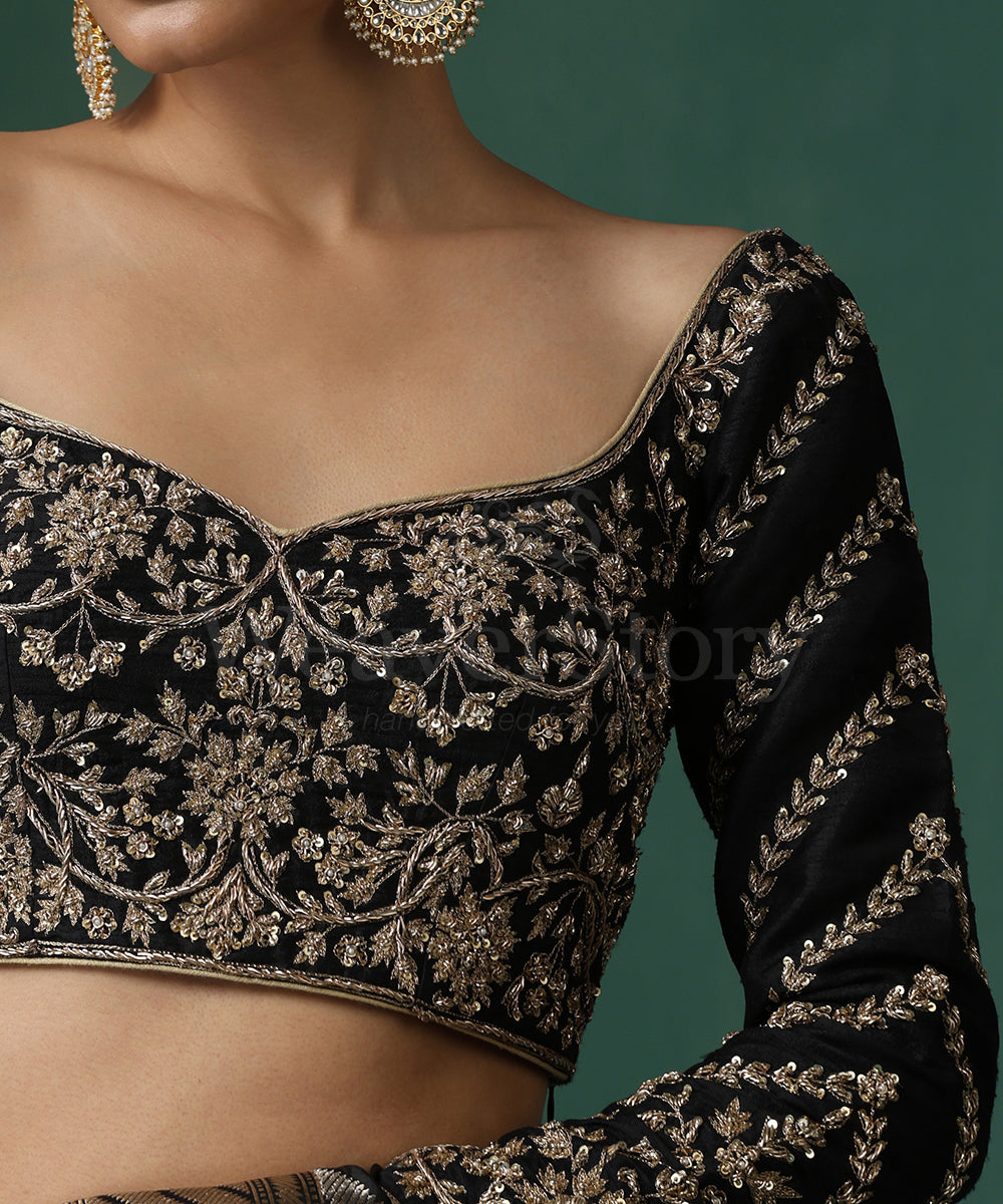 Black_Raw_Silk_Blouse_With_Hand_Embroidered_Zardozi_WeaverStory_03