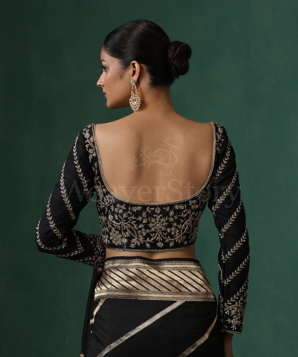 Black_Raw_Silk_Blouse_With_Hand_Embroidered_Zardozi_WeaverStory_07