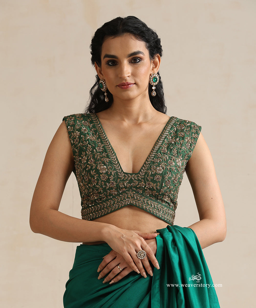 Deep_Green_Raw_Silk_Sleveless_Blouse_With_Hand_Embroidered_Zardozi_Work_WeaverStory_02