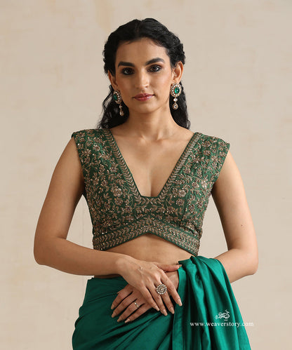 Deep_Green_Raw_Silk_Sleveless_Blouse_With_Hand_Embroidered_Zardozi_Work_WeaverStory_02