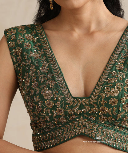 Deep_Green_Raw_Silk_Sleveless_Blouse_With_Hand_Embroidered_Zardozi_Work_WeaverStory_03