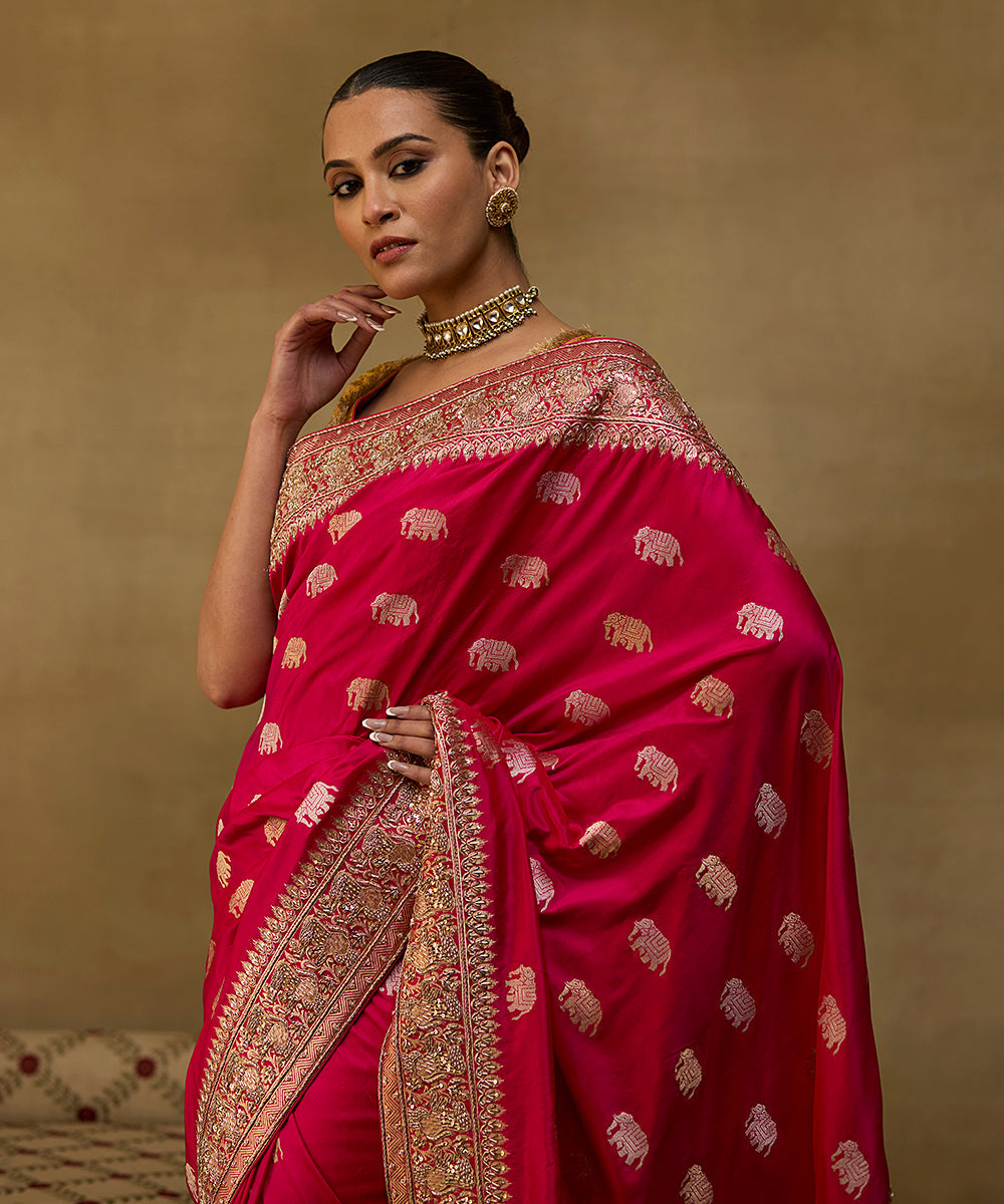 Hot_Pink_Handloom_Pure_Katan_Silk_Shikargah_Banarasi_Saree_With_Embroidery_On_Borders _WeaverStory01