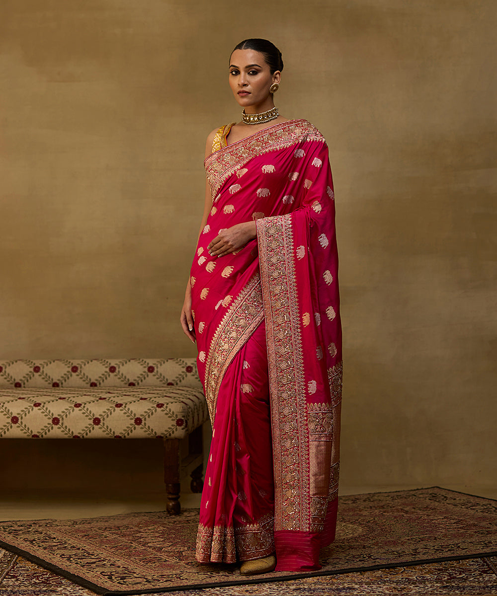 Hot Pink Handloom Pure Katan Silk Shikargah Banarasi Saree With Embroidery On Borders 