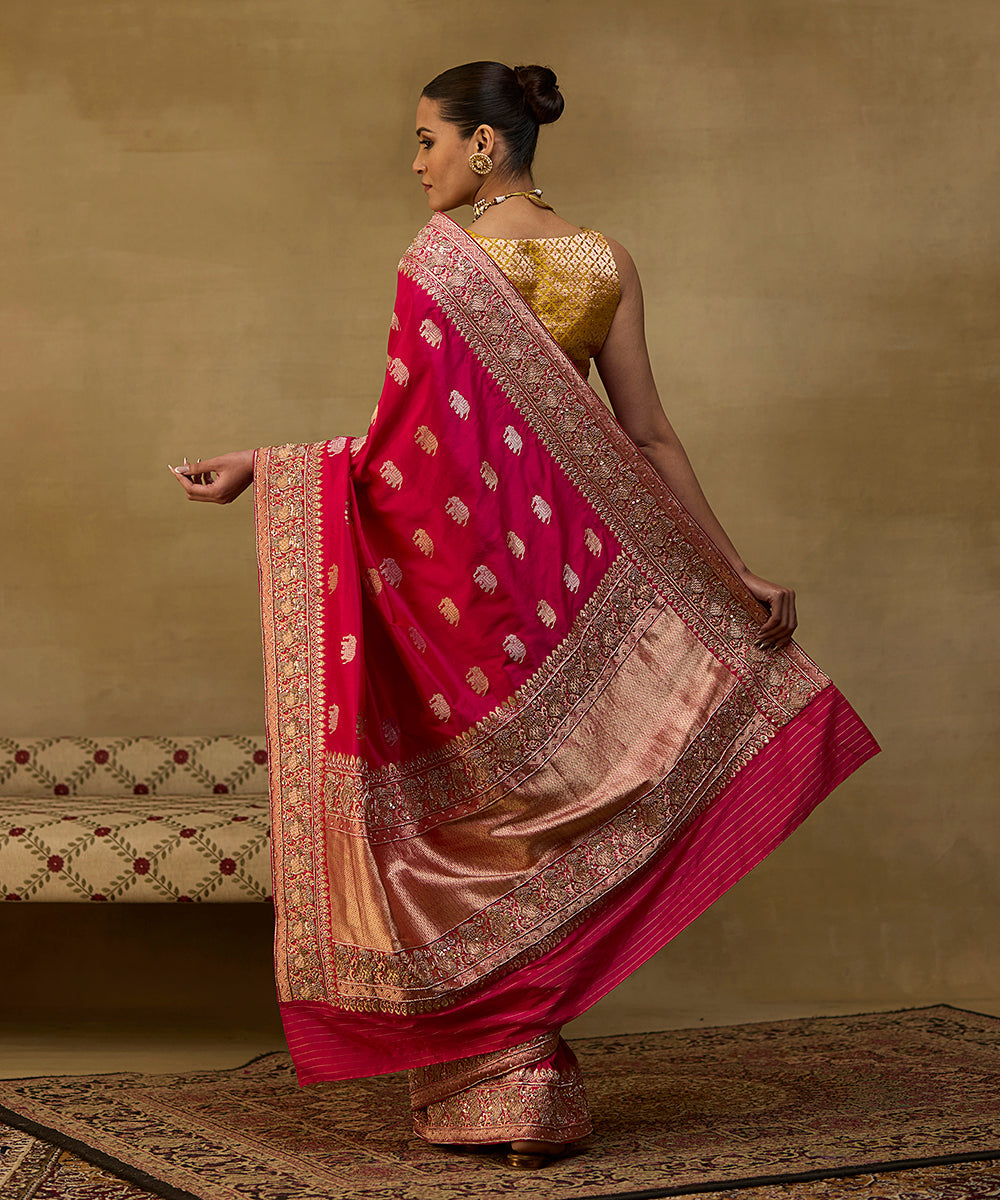 Hot Pink Handloom Pure Katan Silk Shikargah Banarasi Saree With Embroidery On Borders 