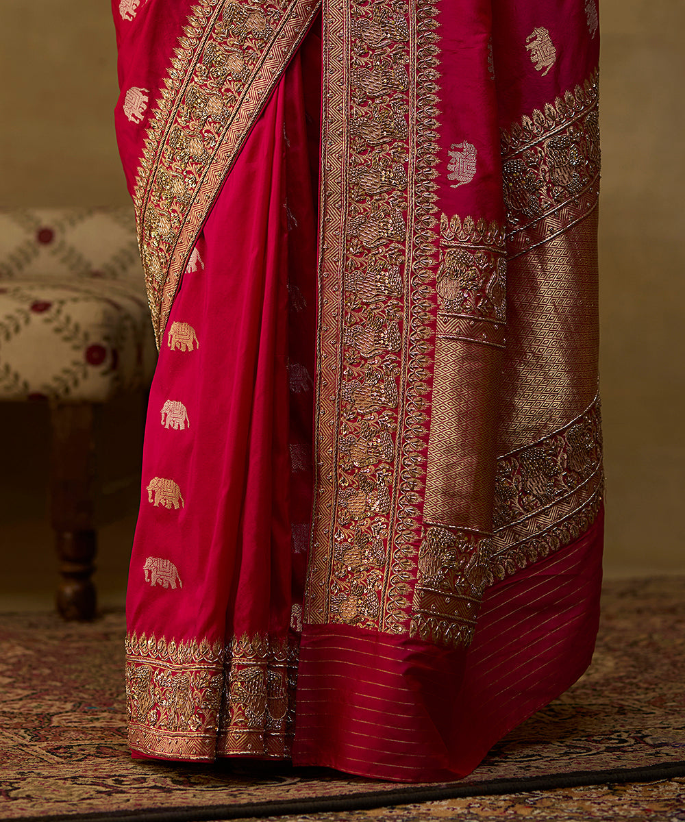 Hot Pink Handloom Pure Katan Silk Shikargah Banarasi Saree With Embroidery On Borders 