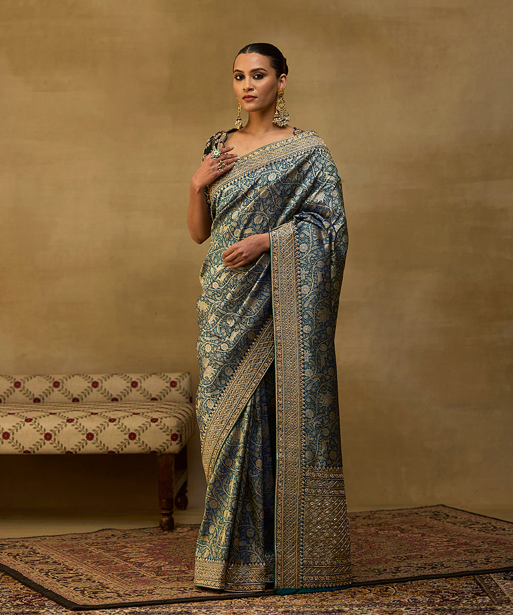 Handloom Peacock Blue Pure Katan Silk Shikargah Banarasi Saree With Hand Embroidery On Borders - Pre Order -