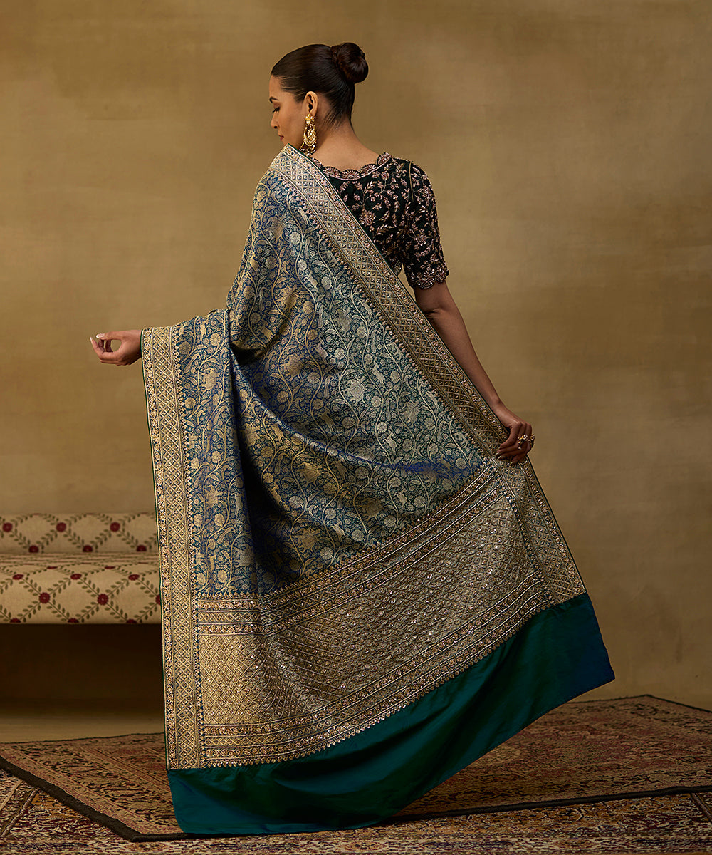 Handloom Peacock Blue Pure Katan Silk Shikargah Banarasi Saree With Hand Embroidery On Borders - Pre Order -