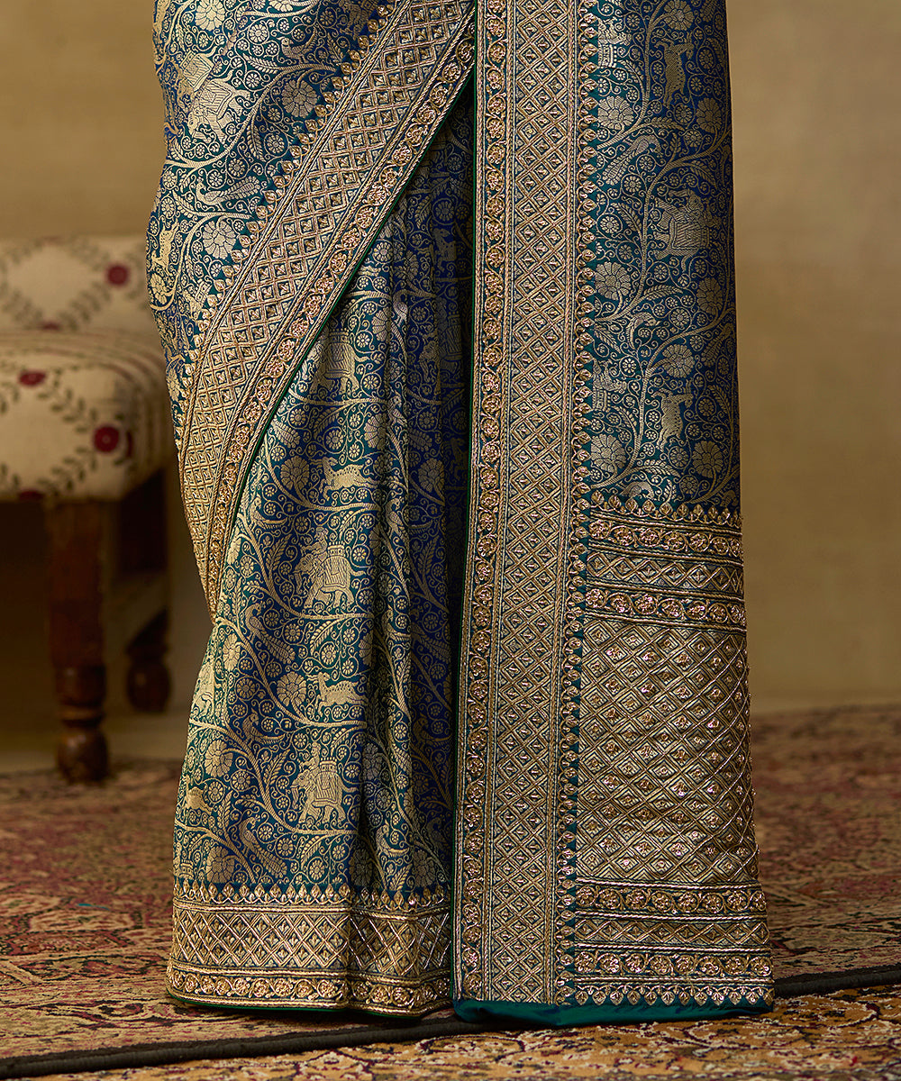 Handloom Peacock Blue Pure Katan Silk Shikargah Banarasi Saree With Hand Embroidery On Borders - Pre Order -