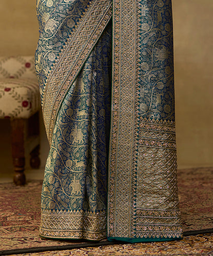 Handloom Peacock Blue Pure Katan Silk Shikargah Banarasi Saree With Hand Embroidery On Borders - Pre Order -