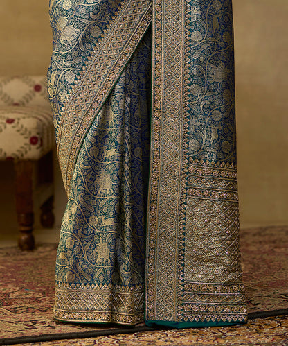 Handloom Peacock Blue Pure Katan Silk Shikargah Banarasi Saree With Hand Embroidery On Borders -