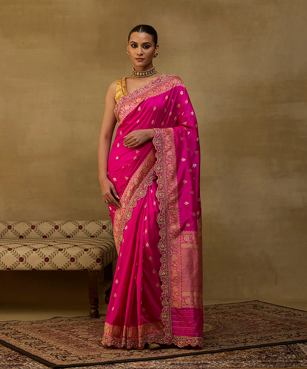 Handloom Hot Pink Pure Katan Silk Banarasi Saree With Embroidered Scallop Border