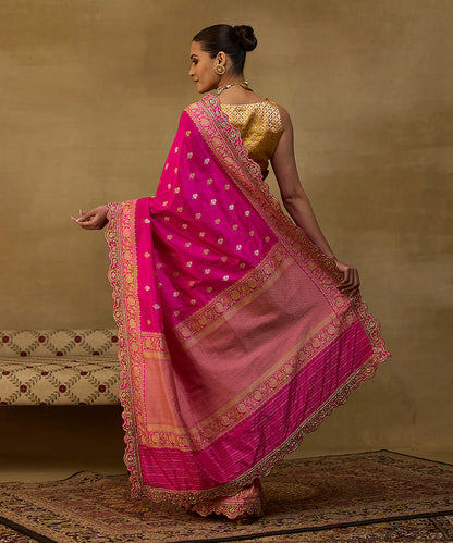 Handloom Hot Pink Pure Katan Silk Banarasi Saree With Embroidered Scallop Border