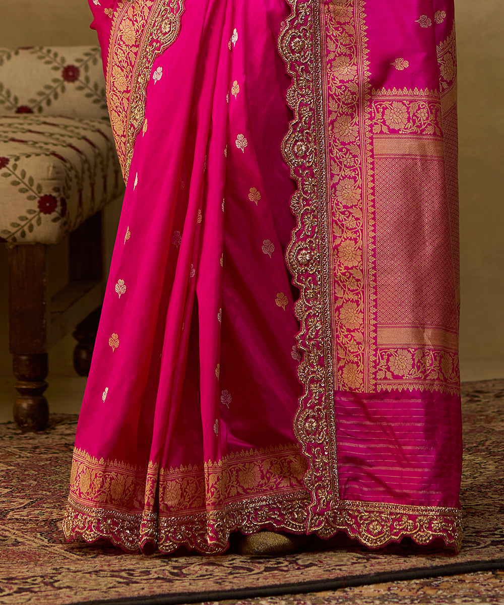 Handloom Hot Pink Pure Katan Silk Banarasi Saree With Embroidered Scallop Border