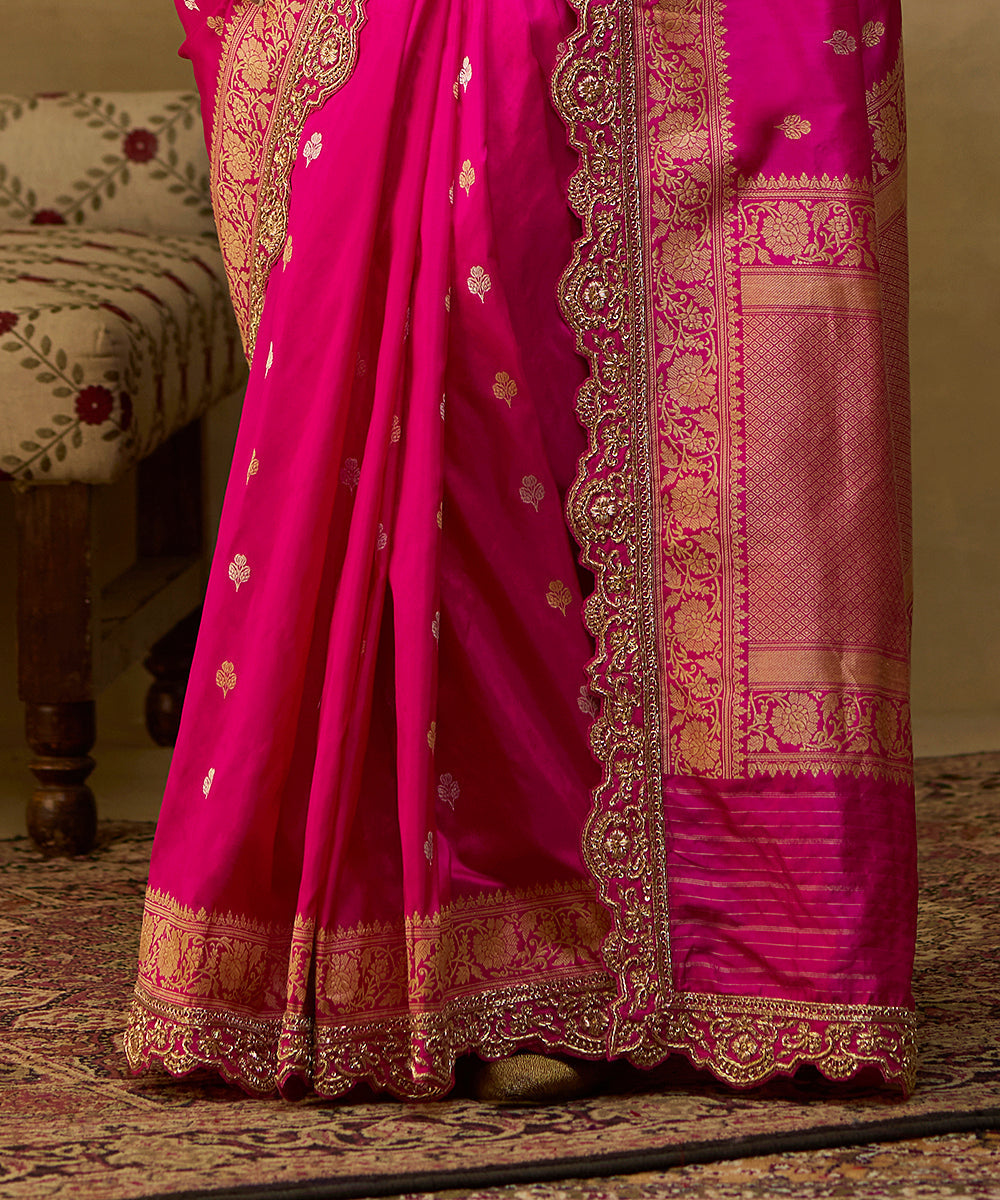 Handloom Hot Pink Pure Katan Silk Banarasi Saree With Embroidered Scallop Border