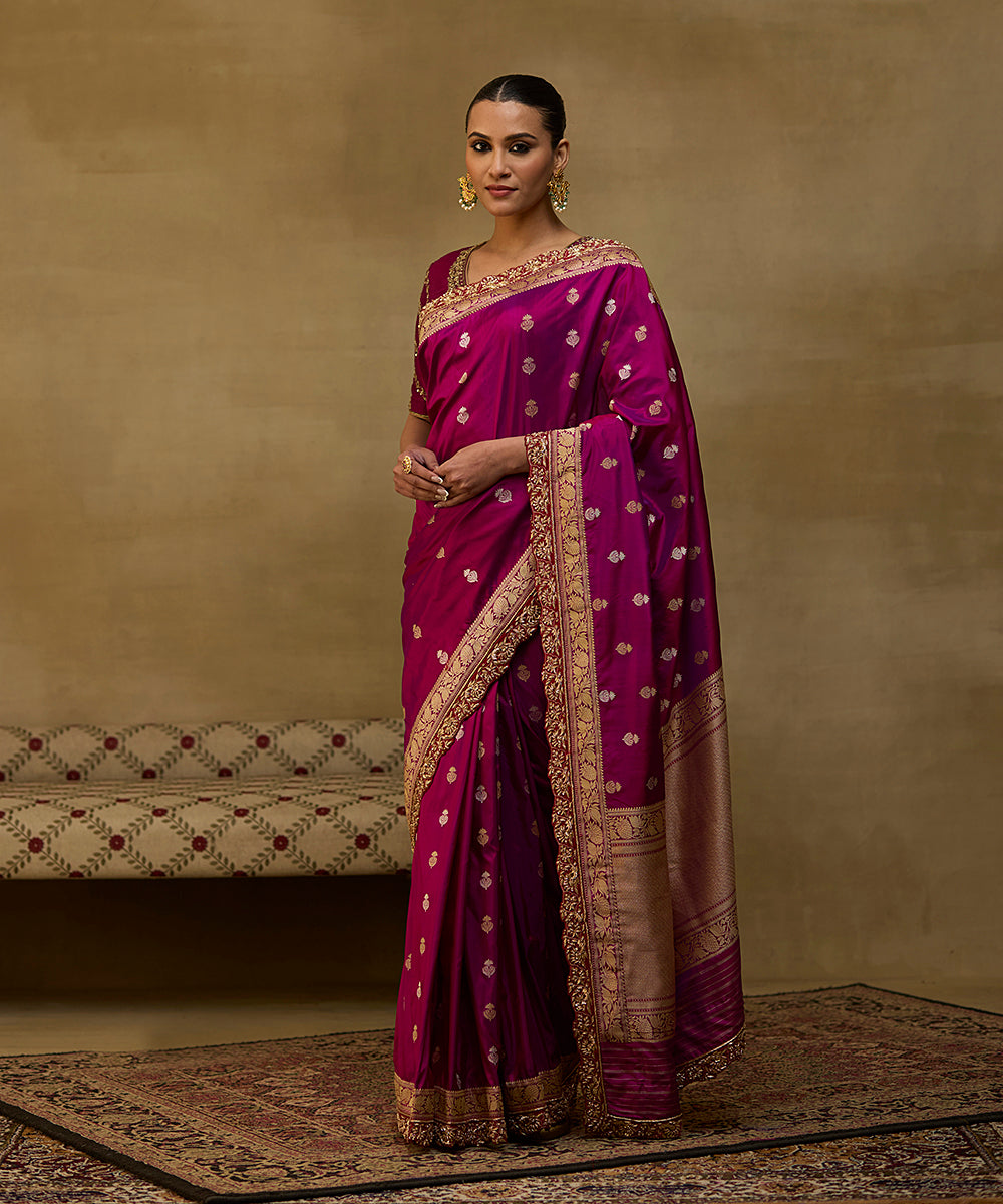 Purple Handloom Pure Katan Silk Banarasi Saree With Embroidered Red Scallop Border