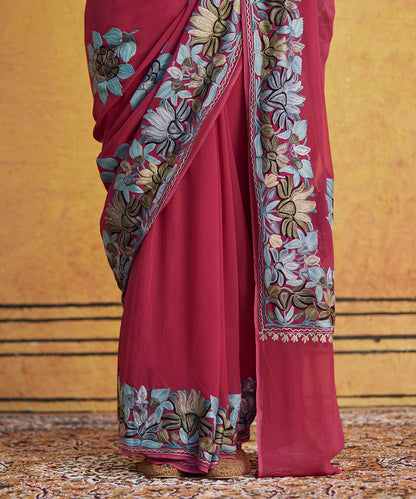 Berry_Pink_Handwoven_Pure_Georgette_Kashmiri_Saree_With_Aari_Hand_Embroidery_WeaverStory_4