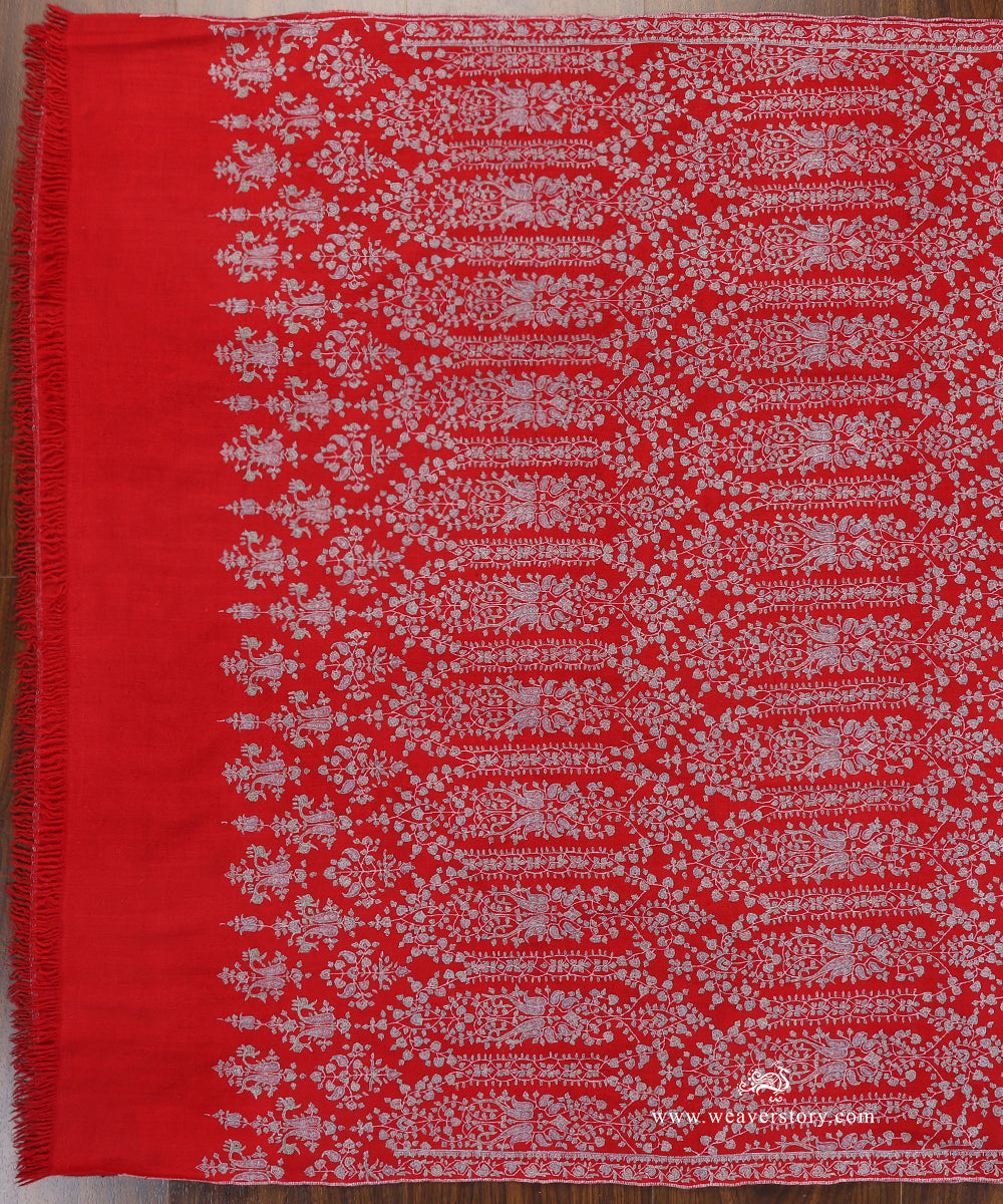 Red_Handwoven_Pure_Pashmina_Shawl_With_Blue_Soznikari_WeaverStory_02