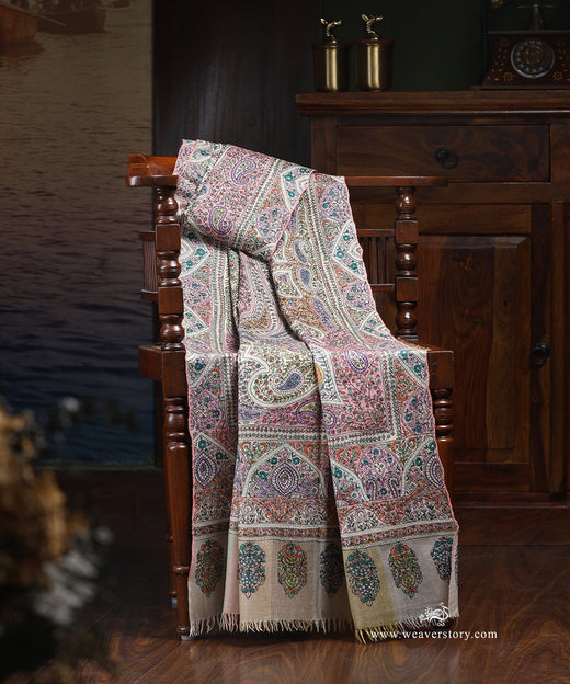 Beige Handwoven Jamawar Pure Pashmina Shawl With Soznikari