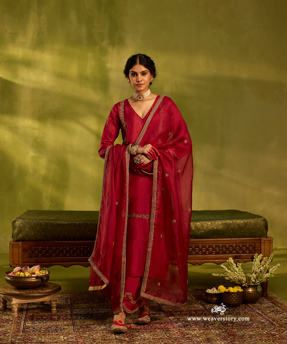 Blush_Red_Hand_Embroidered_Pure_Silk_Kurta_Set_With_Zardozi_Organza_Dupatta_WeaverStory01