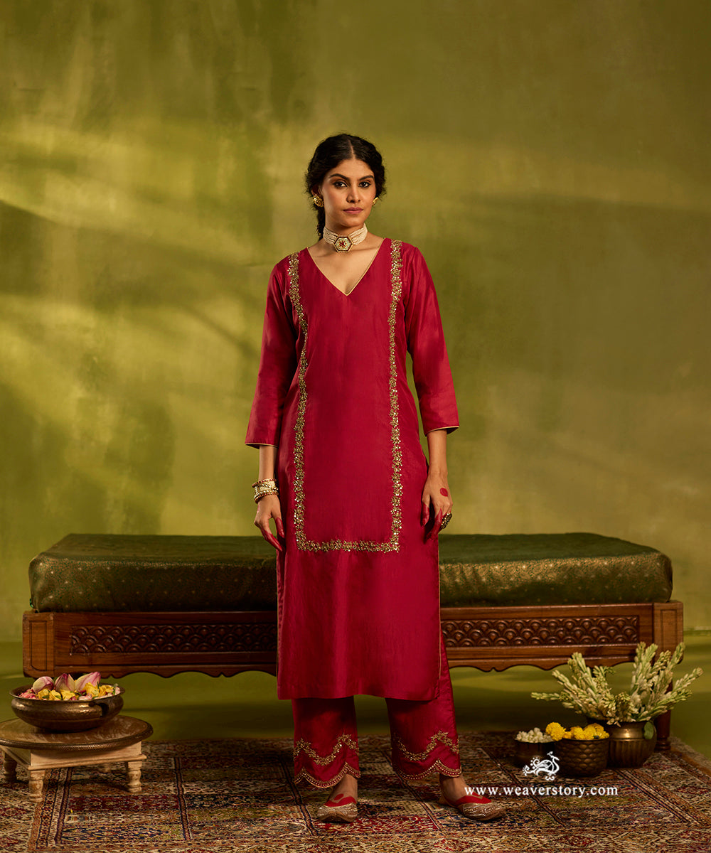 Blush_Red_Hand_Embroidered_Pure_Silk_Kurta_Set_With_Zardozi_Organza_Dupatta_WeaverStory04