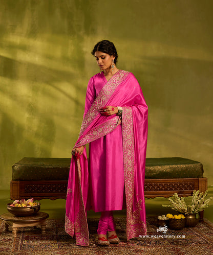 Bright_Pink_Pure_Silk_Hand_Embroidered_Kurta_Set_With_Zardozi_Silk_Dupatta_WeaverStory01