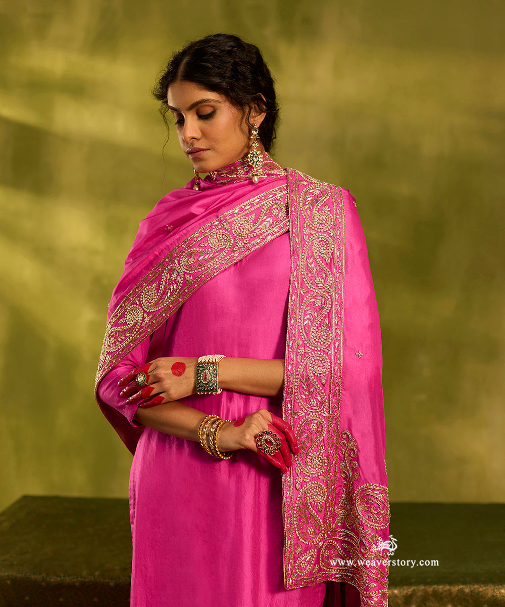 Bright_Pink_Pure_Silk_Hand_Embroidered_Kurta_Set_With_Zardozi_Silk_Dupatta_WeaverStory02