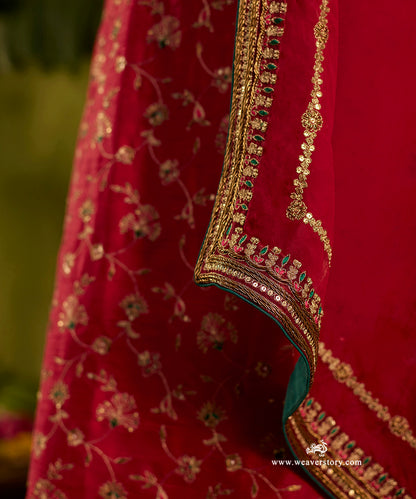 Sindoori_Red_Hand_Embroidered_Raw_Silk_Kurta_With_Churidaar_And_Organza_Dupatta_WeaverStory06